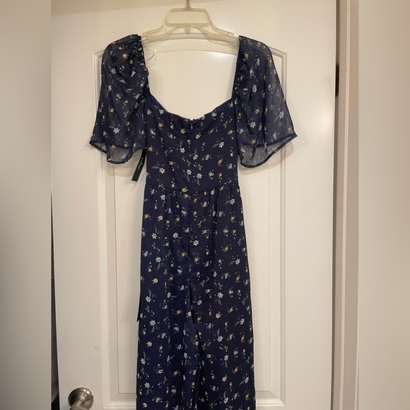 Lulu’s Sweet Blooms Navy Blue Floral Print Swiss Dot Wide Leg Jumpsuit - Picture 6 of 7